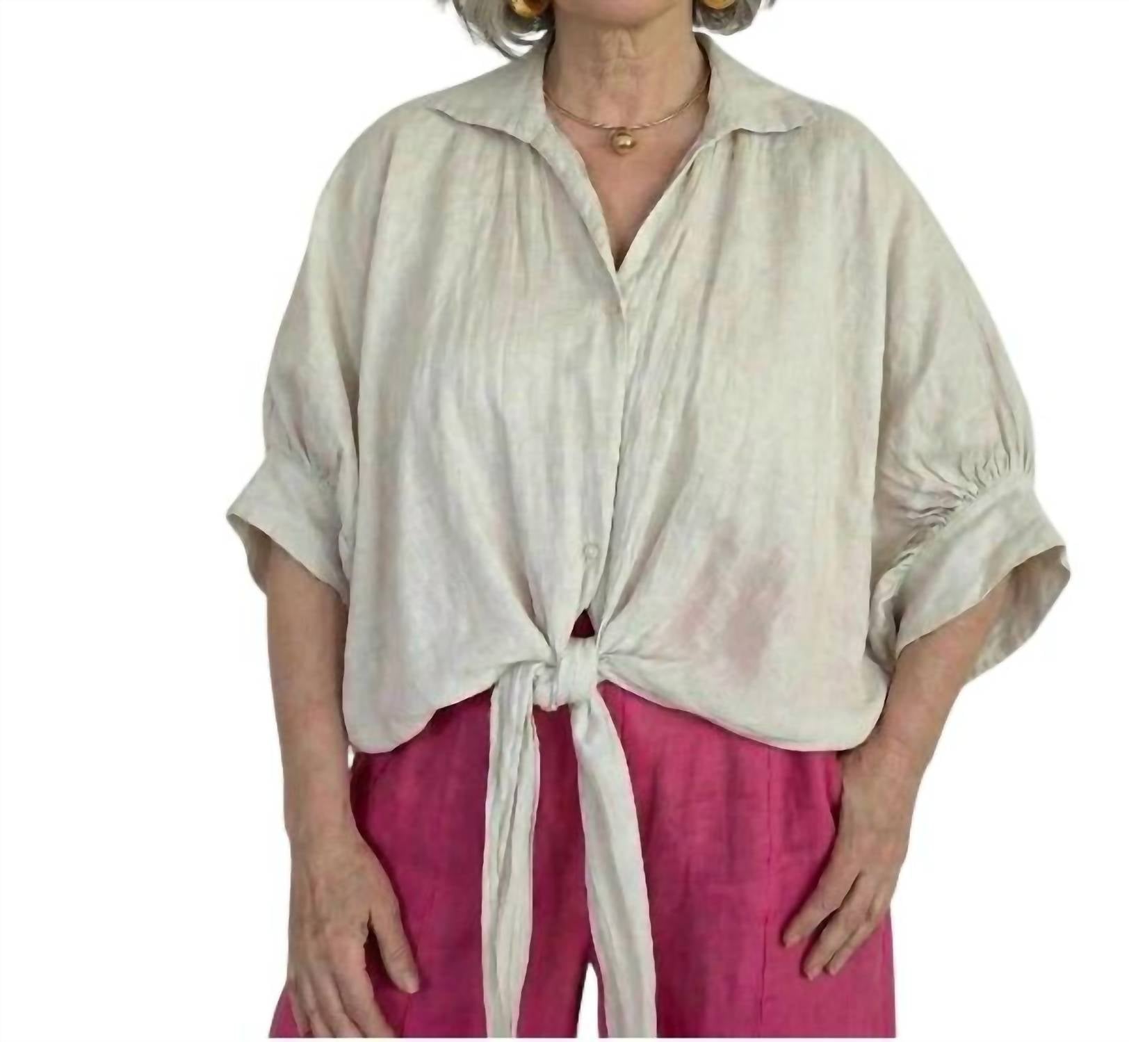 Made in Italy Soft Knot Linen Shirt in italy soft knot linen shirt in beige - women's shirt