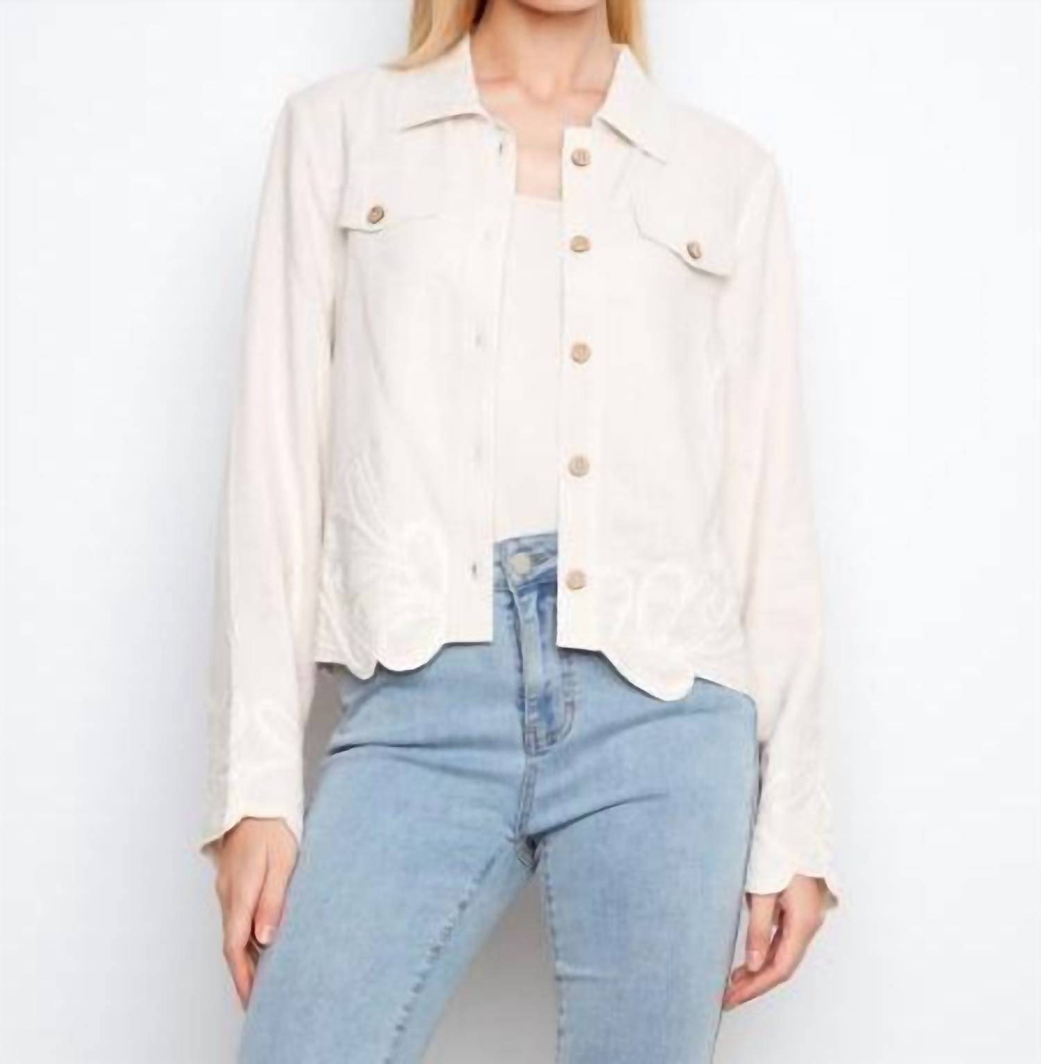 CHARLIE B Embroidered Hem Linen Jacket in natural - women's jacket