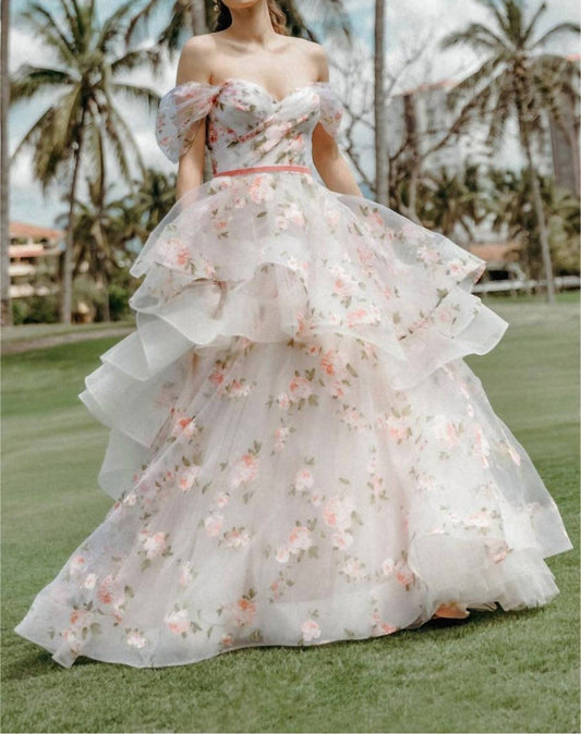 Watters - Rosabel Layered Skirt Floral Print Wedding Gown