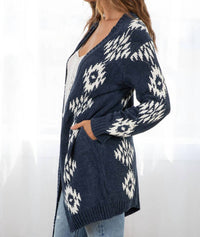LOVESTITCH Beautiful Southwestern Open Front Cardigan in indigo off white - women's cardigan - alternate view