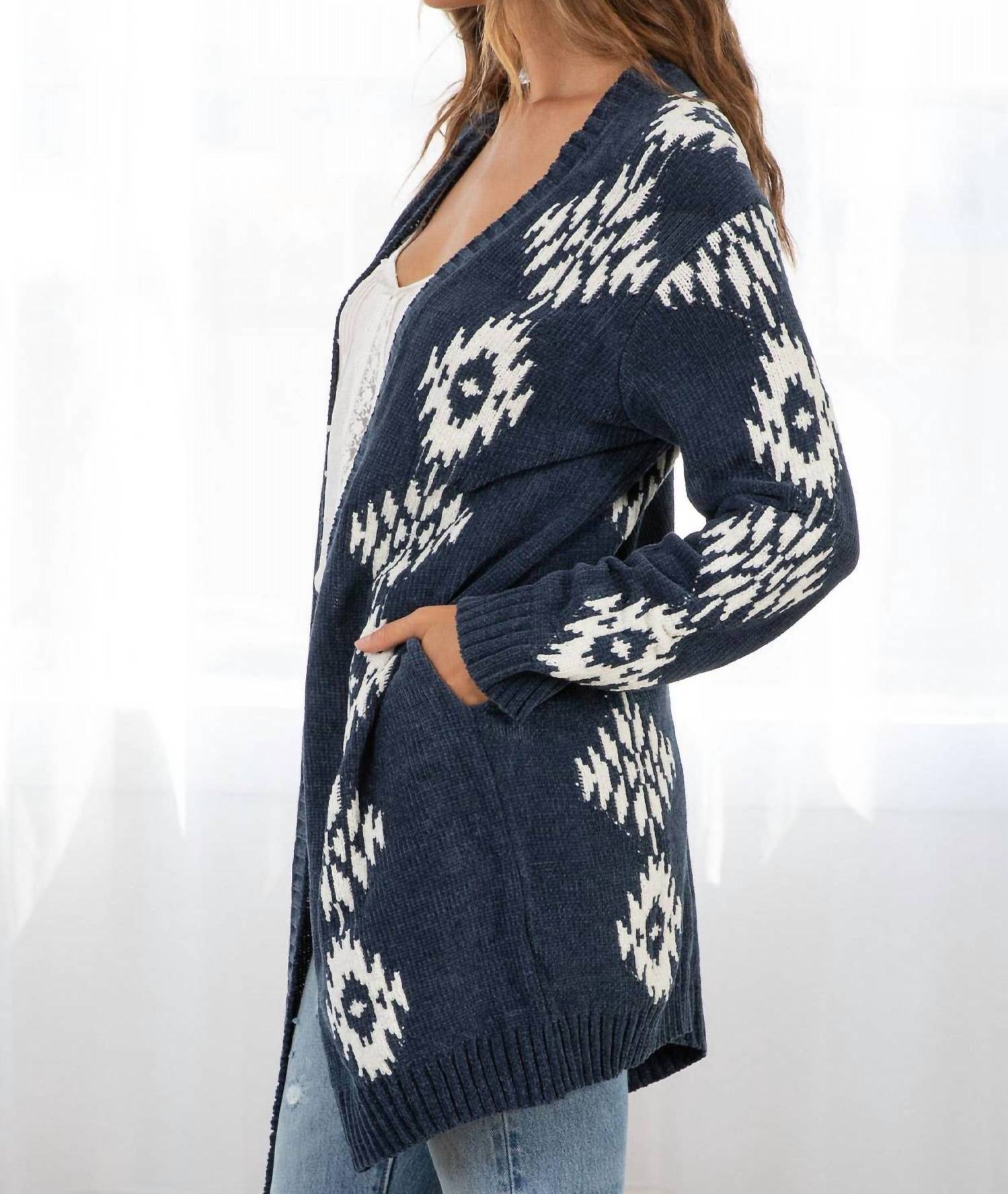 LOVESTITCH Beautiful Southwestern Open Front Cardigan in indigo off white - women's cardigan - alternate view