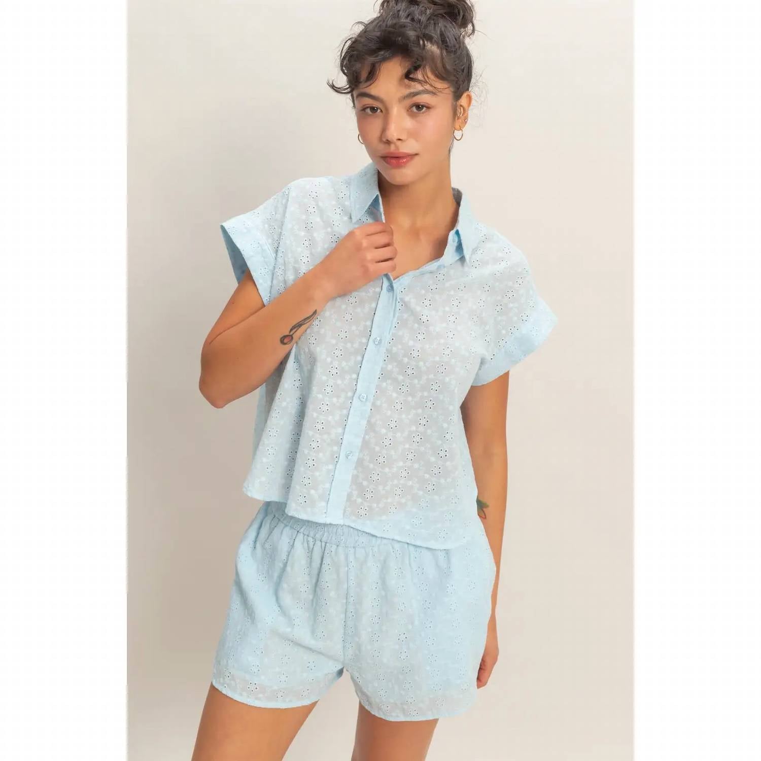 Hyfve - Aria Cotton Eyelet Dolman Button-up Shirt