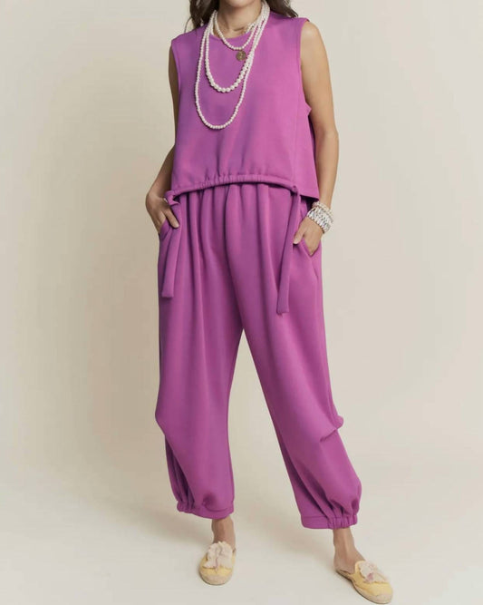 Davi & Dani - Solid Crew Neck Cinch Tie Top Waistband Pants Set