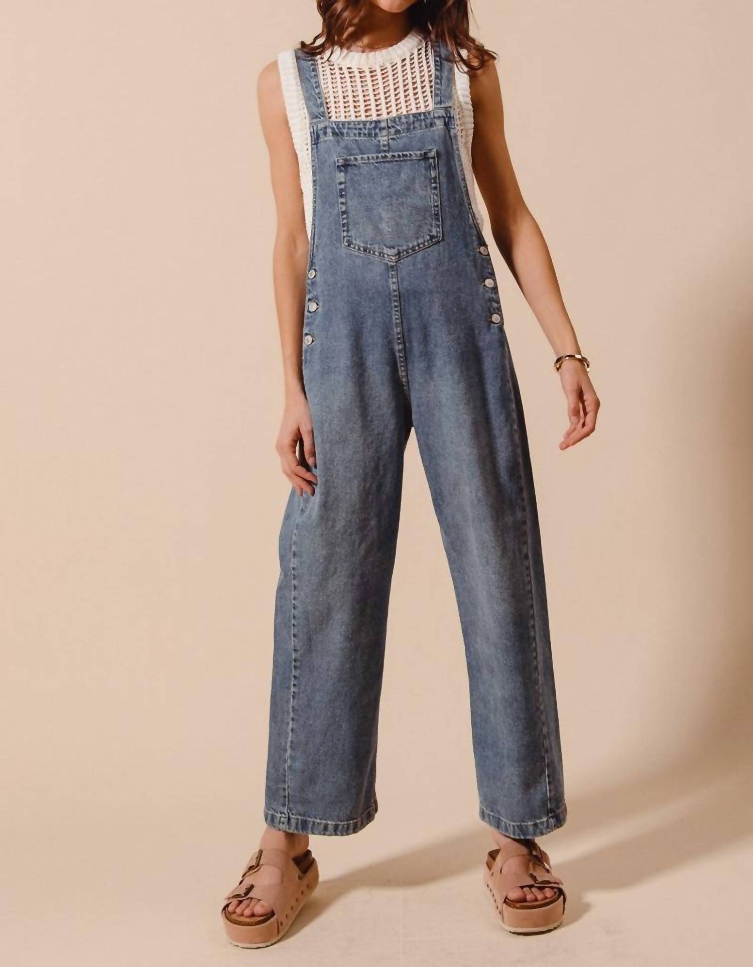 So Me - Women's Washed Denim Wide Leg Overall