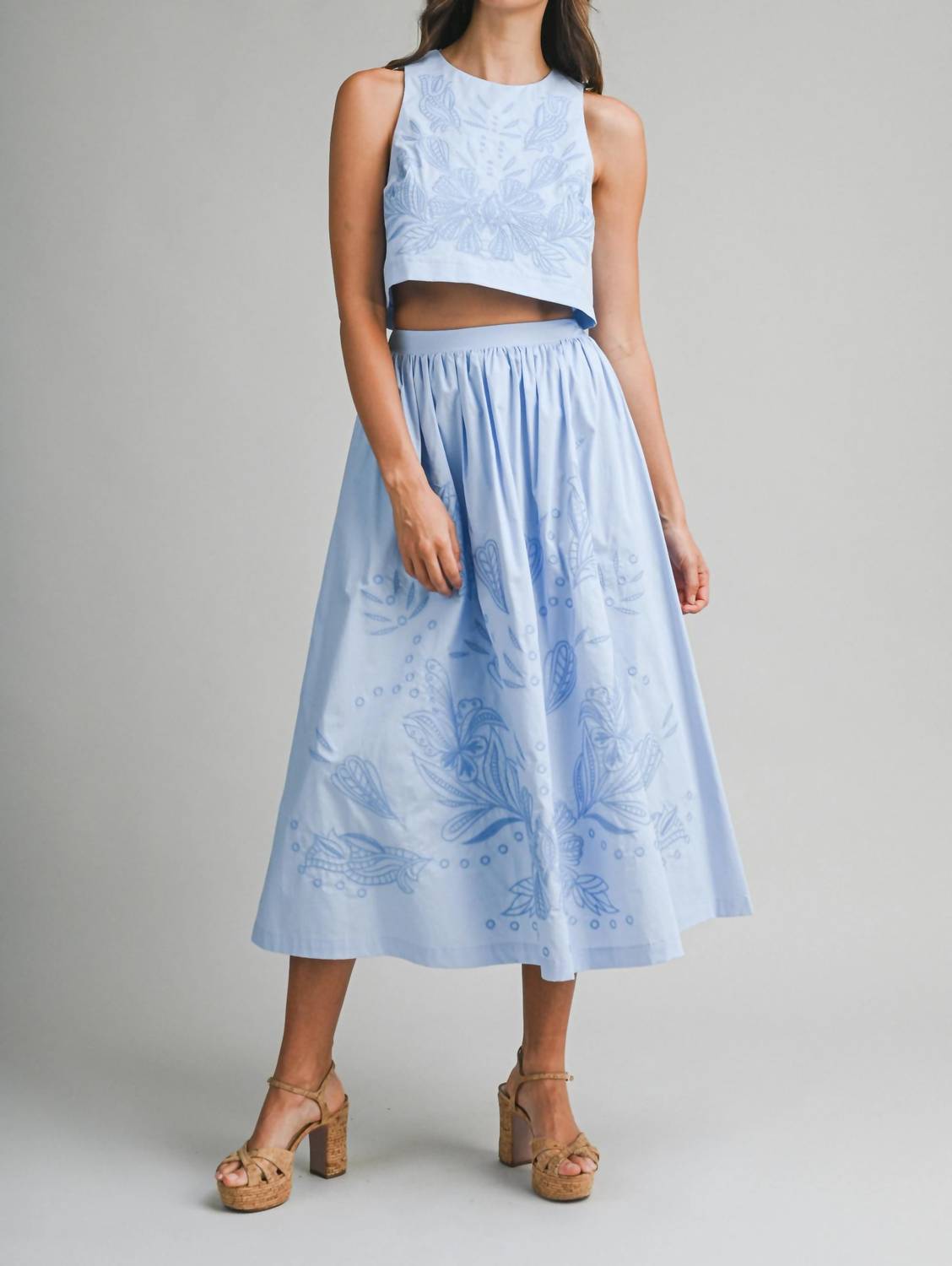 Mable - Janie Embroidered Crop Top And Midi Skirt Set