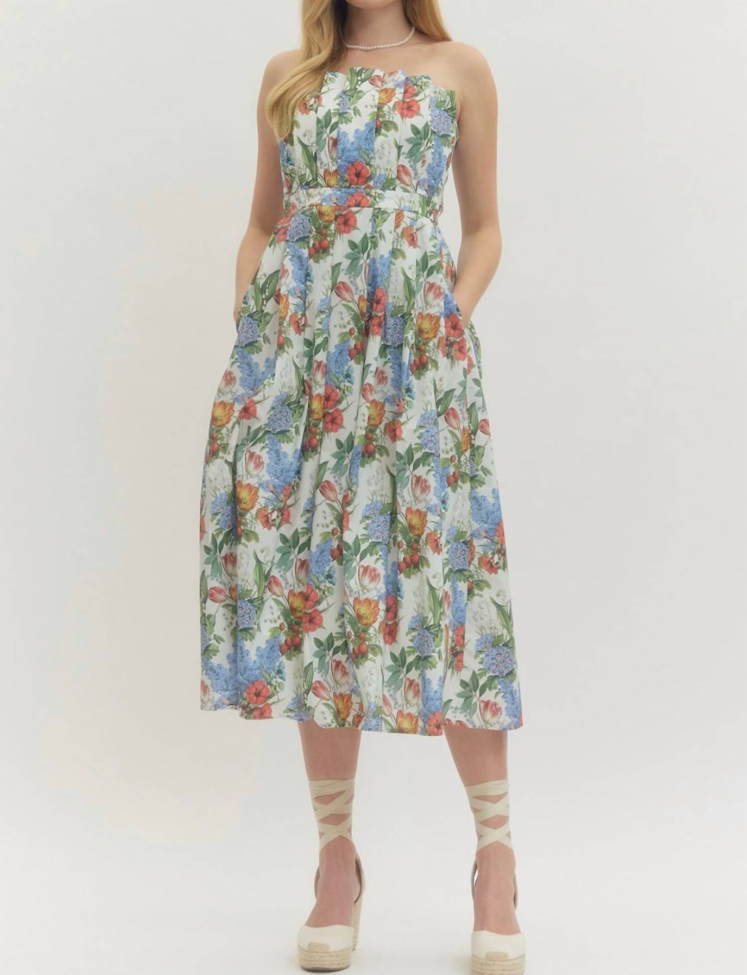 entro Floral Fun Strapless Dress in beige - women's dress