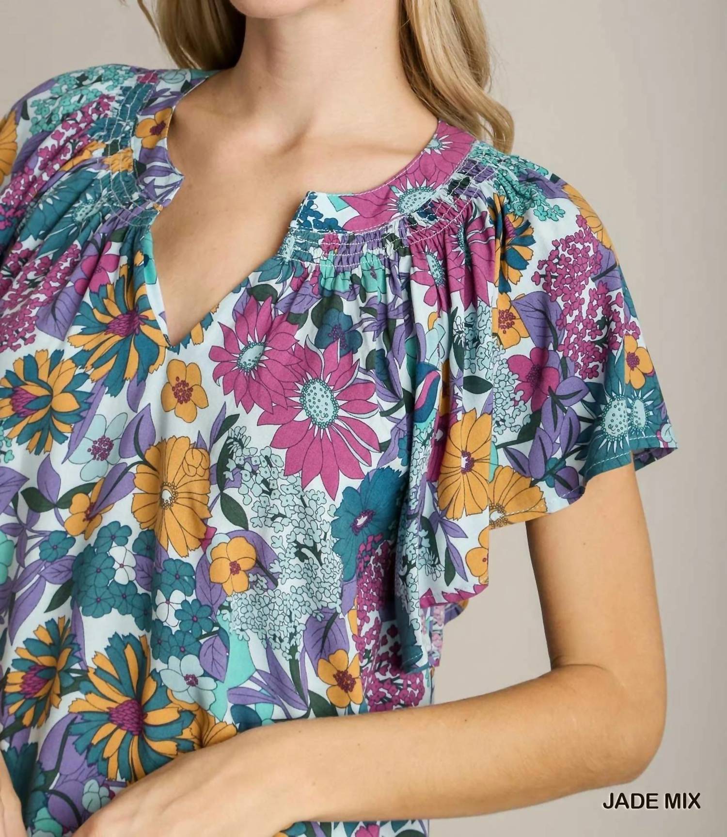 Umgee - Floral Split Neck Top