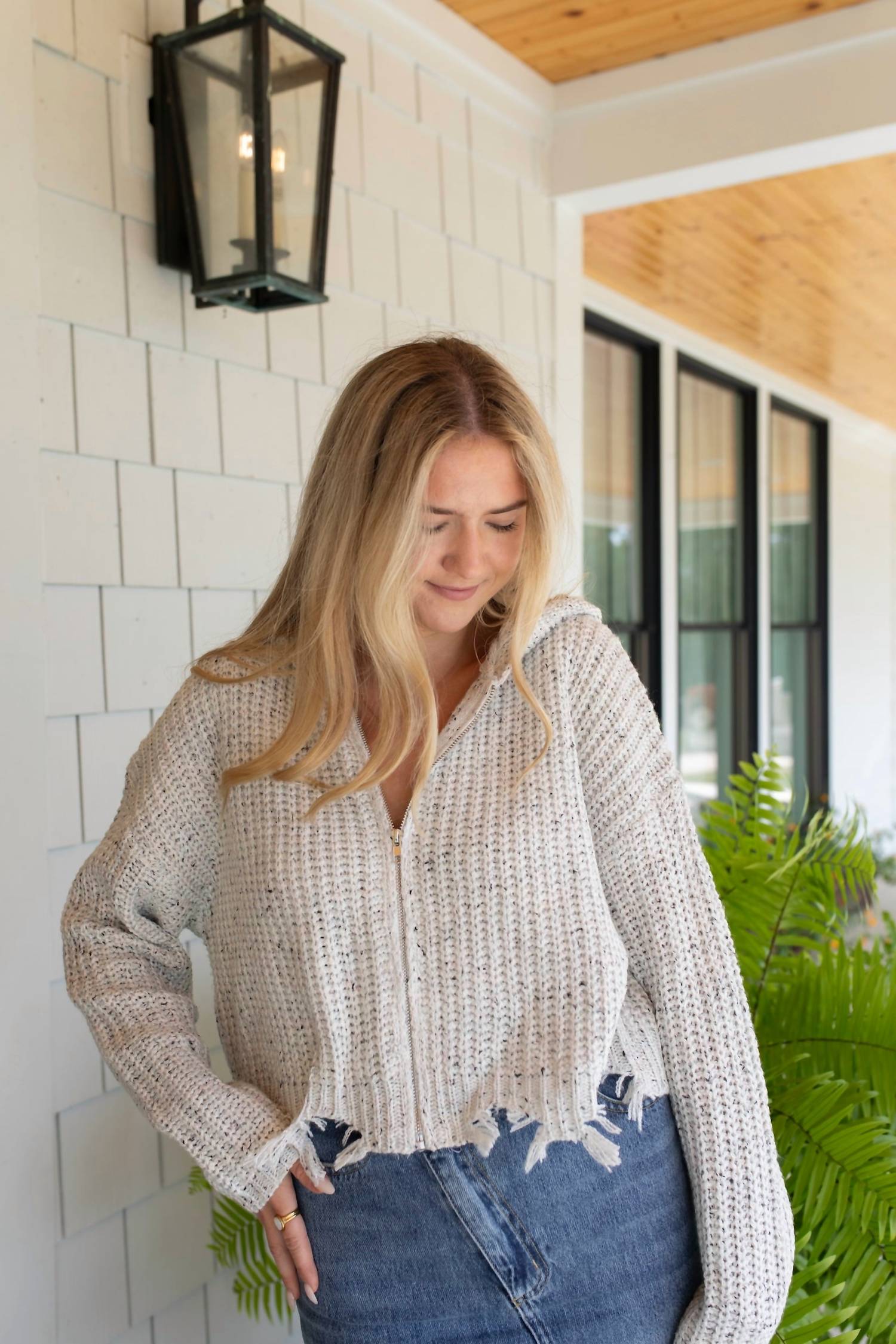 mystree Cozy Crochet Zip-Up Hoodie in beige - women's top - detail view
