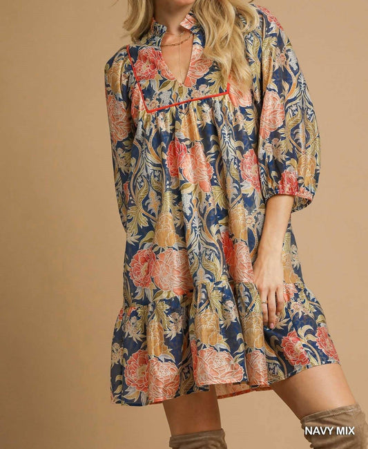 Umgee - Women's Abstract Print Puff Sleeve Dress