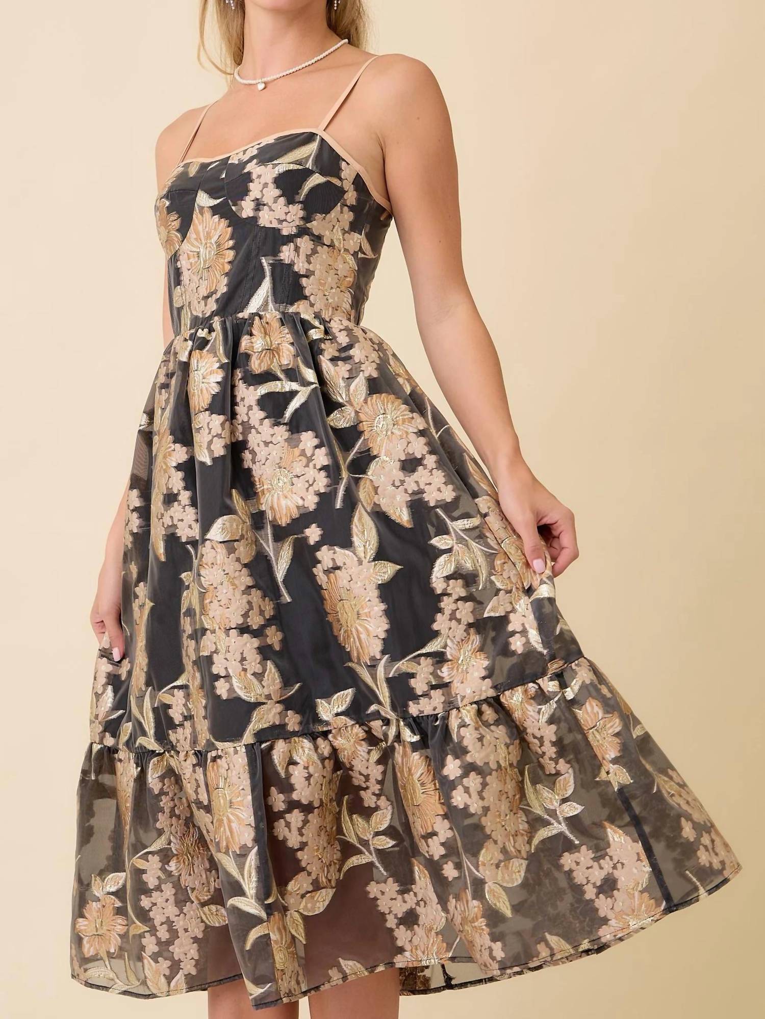 Mainstrip - Metallic Embossed Floral Midi Dress