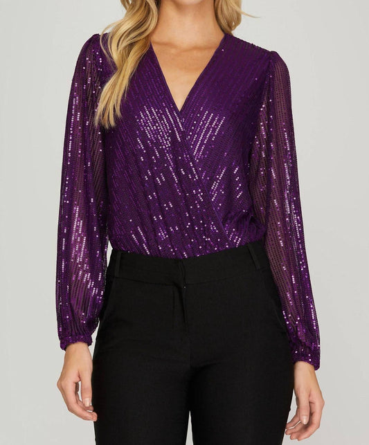 She + Sky - Sequin Surplice V-neck Bodysuit