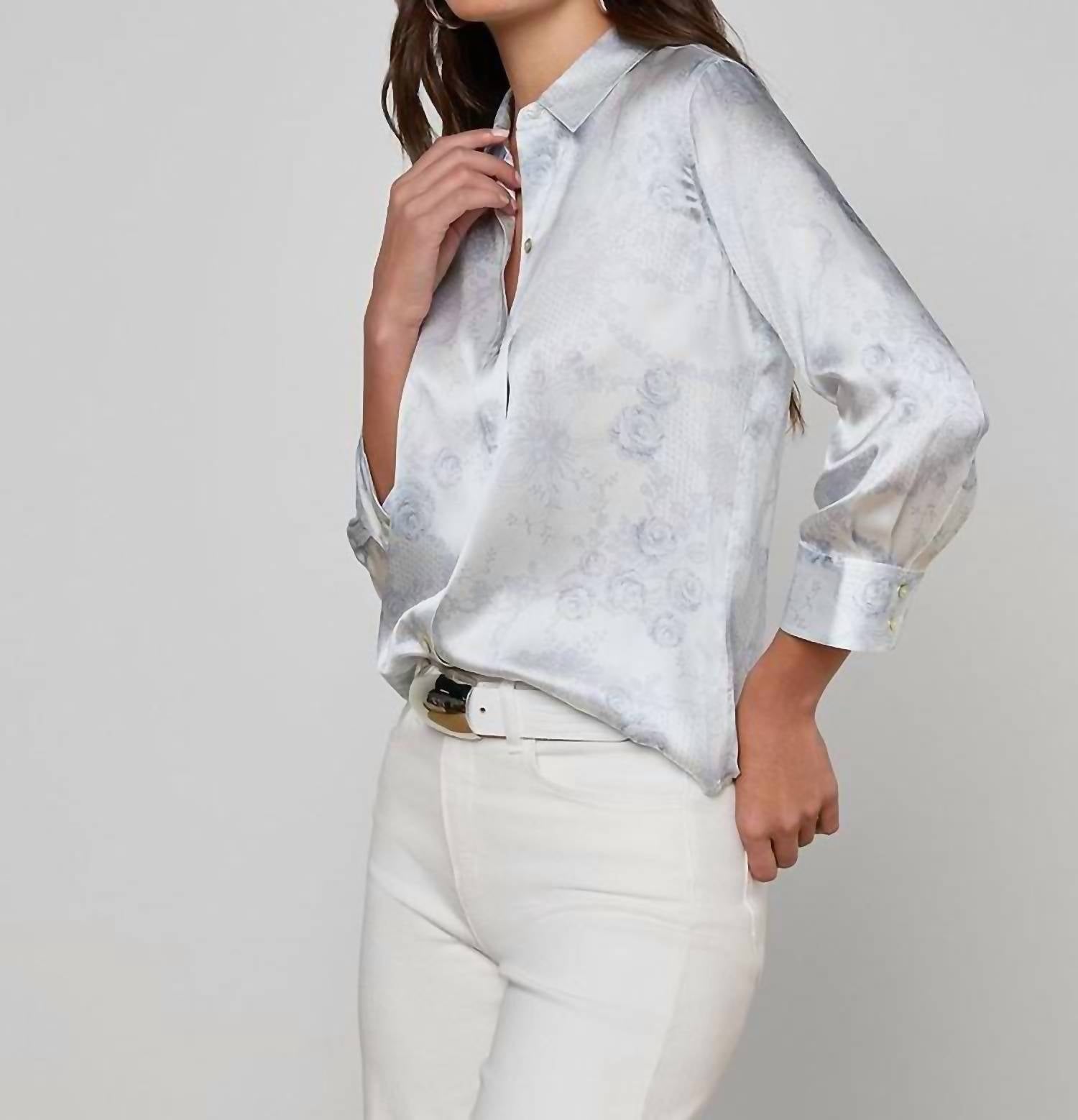 L'Agence Dani Blouse in ivory pale mist blue lace print - women's blouse - alternate view
