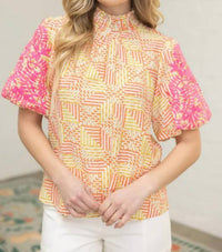 Voy - Smocked Neck Contrast Embroidered Bubble Sleeve Top