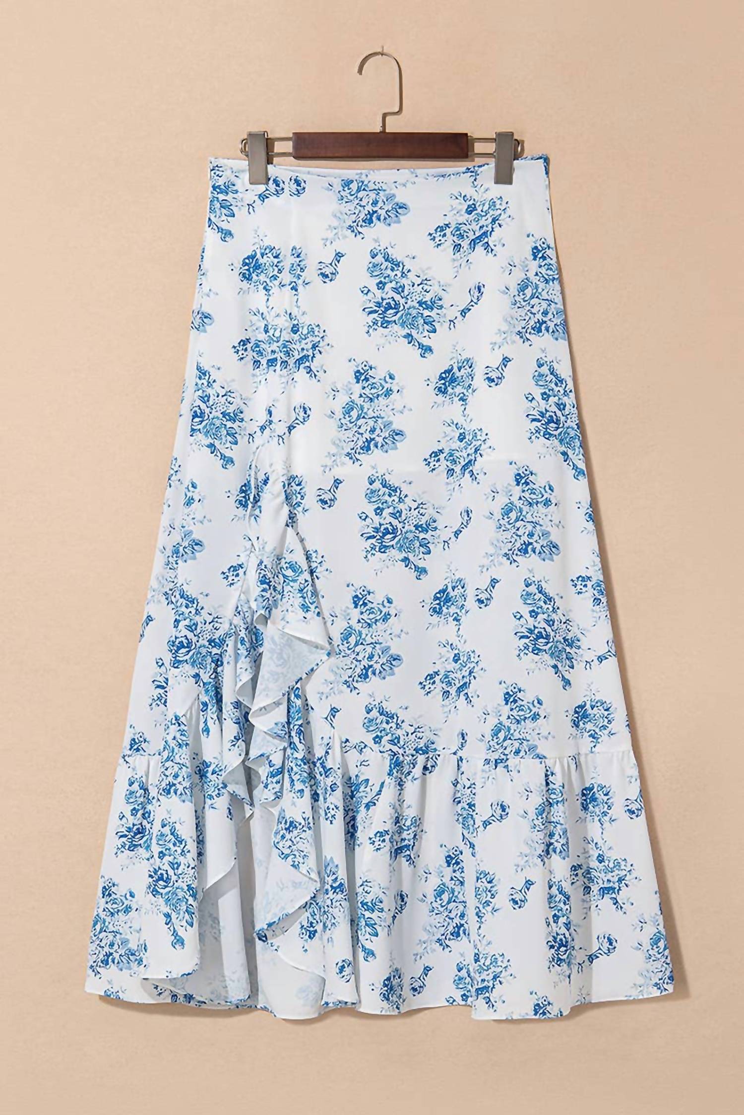 Rosa Clothing Ruffle High Silt Maxi Skirt in blue floral - women's skirt - view 4