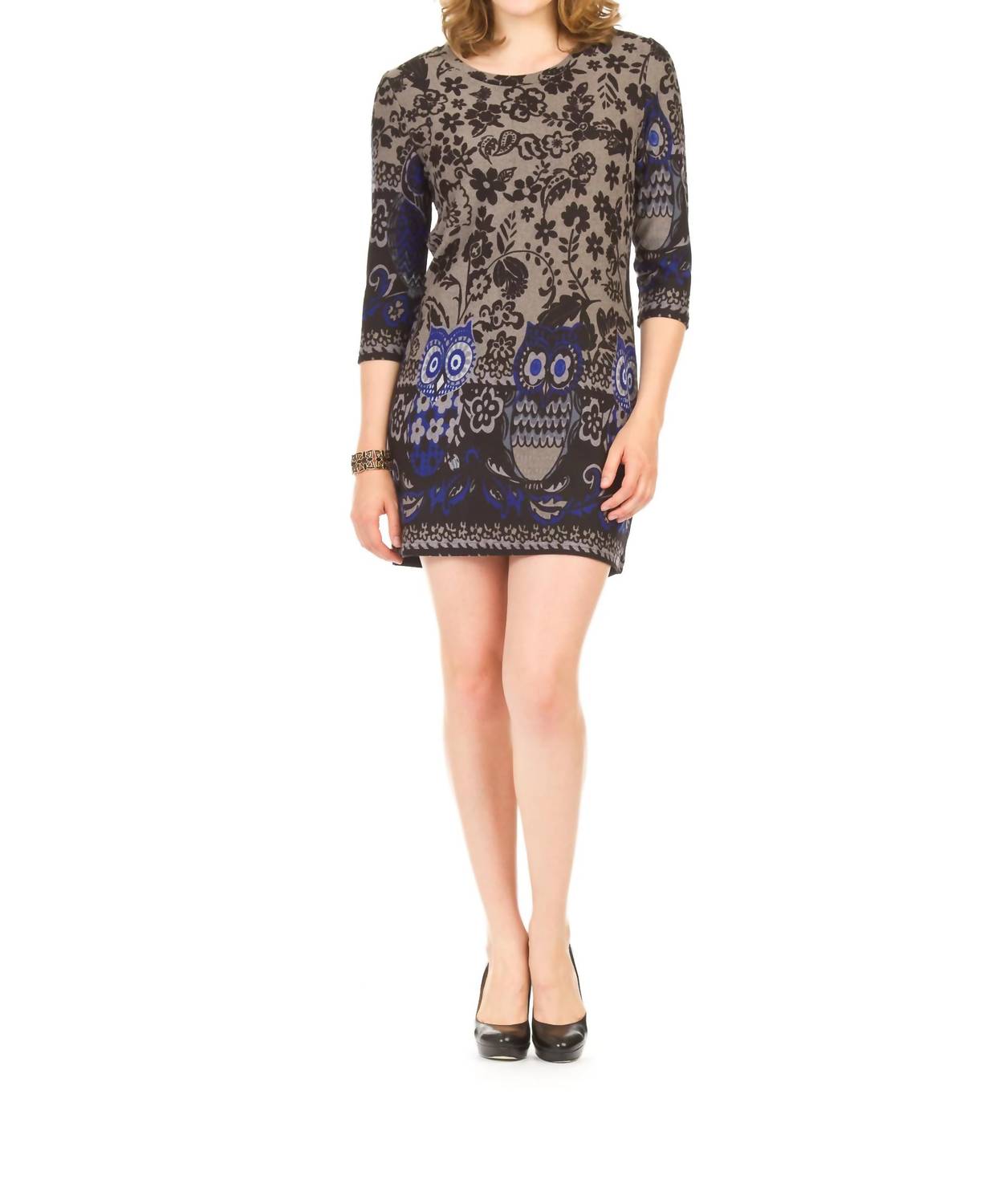 Papillon - Owl Border Print 3/4 Sleeve Scoop Neck Dress