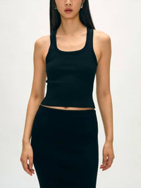 White + Warren Ribbed Tank Top in black - women's tank top - detail view