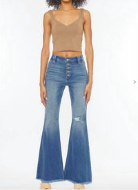 KanCan High Rise Exposed Button Flare Jeans in medium wash - women's jeans