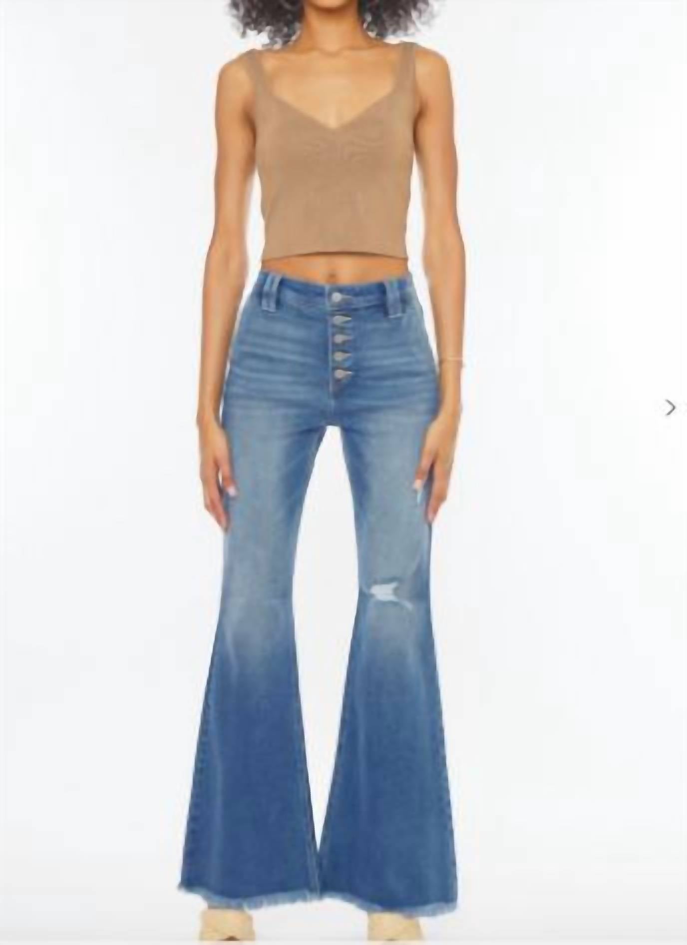 KanCan High Rise Exposed Button Flare Jeans in medium wash - women's jeans