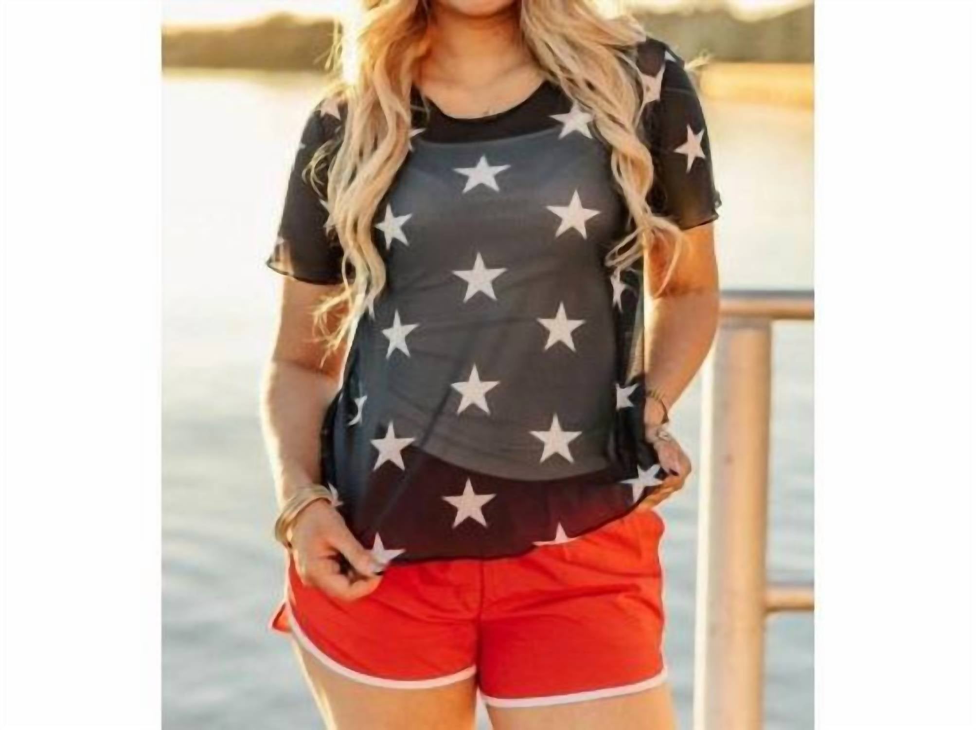 Southern Grace Star Mesh Top Sheer Stretch Tee in navy - women's t-shirt