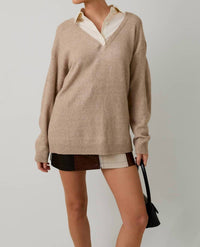 Sunday Edition Layered Pull Over Sweater Top in beige - women's sweater - detail view