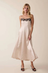 Sky To Moon - Satin Midi Dress With Lace Trim