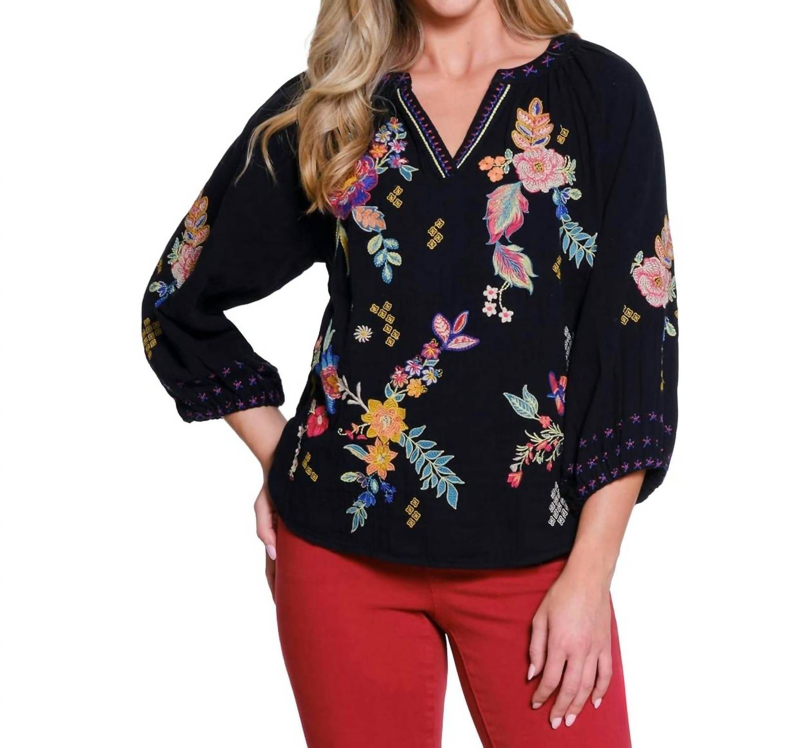 Tru Luxe - EMBROIDERED SPLIT NECK TOP