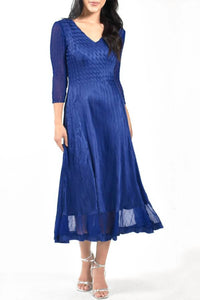 Komarov - 3/4 SLEEVE SOLID BLUE PLEAT DRESS w/ Lace SLEEVES