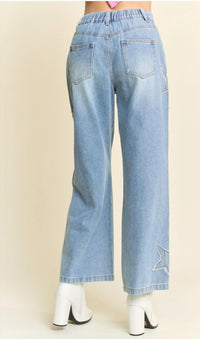 Davi & Dani - Star Patchwork Side Pocket Wide Leg Denim Pants