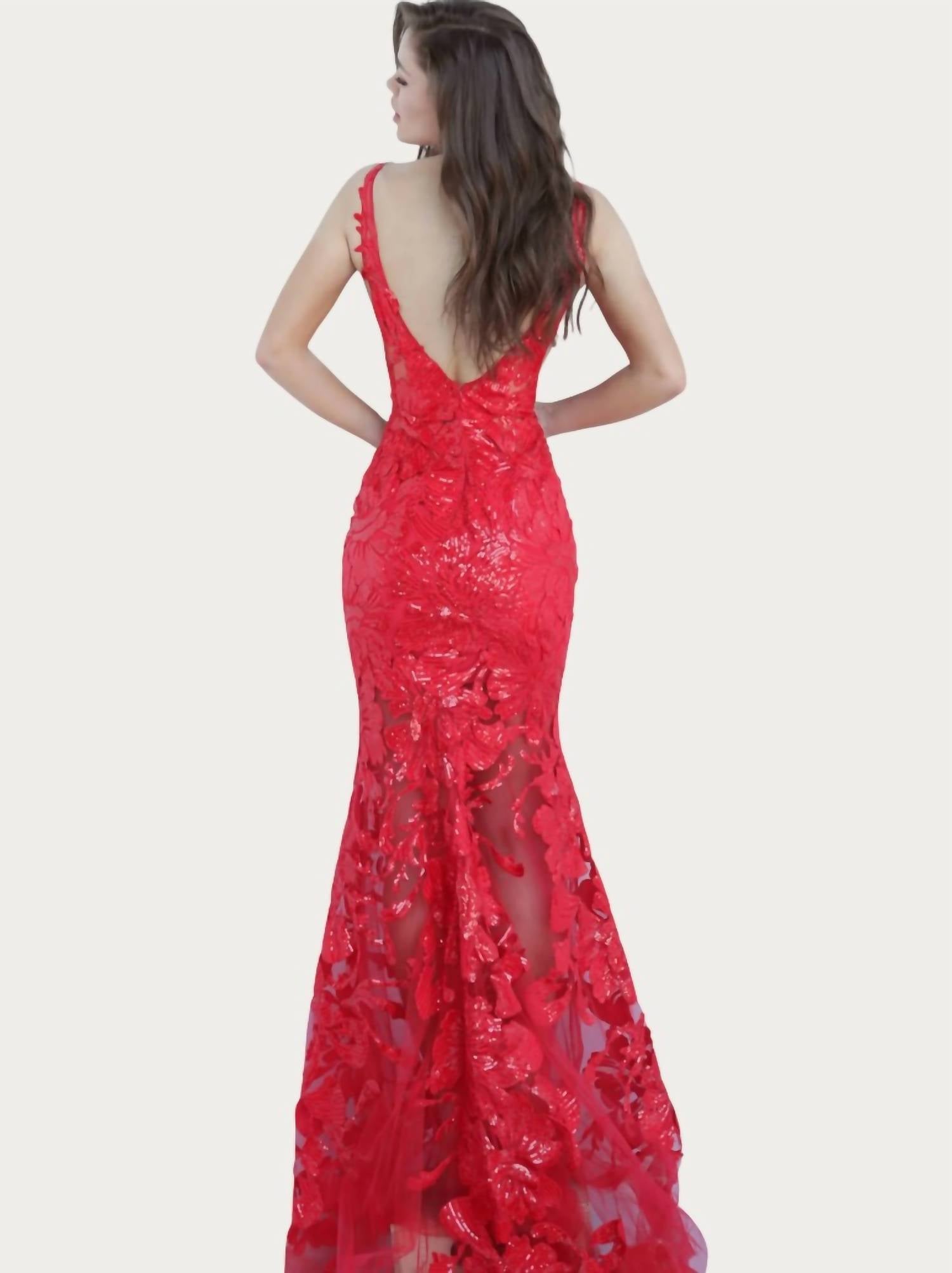 Jovani - Plunging Neckline Embellished Dress