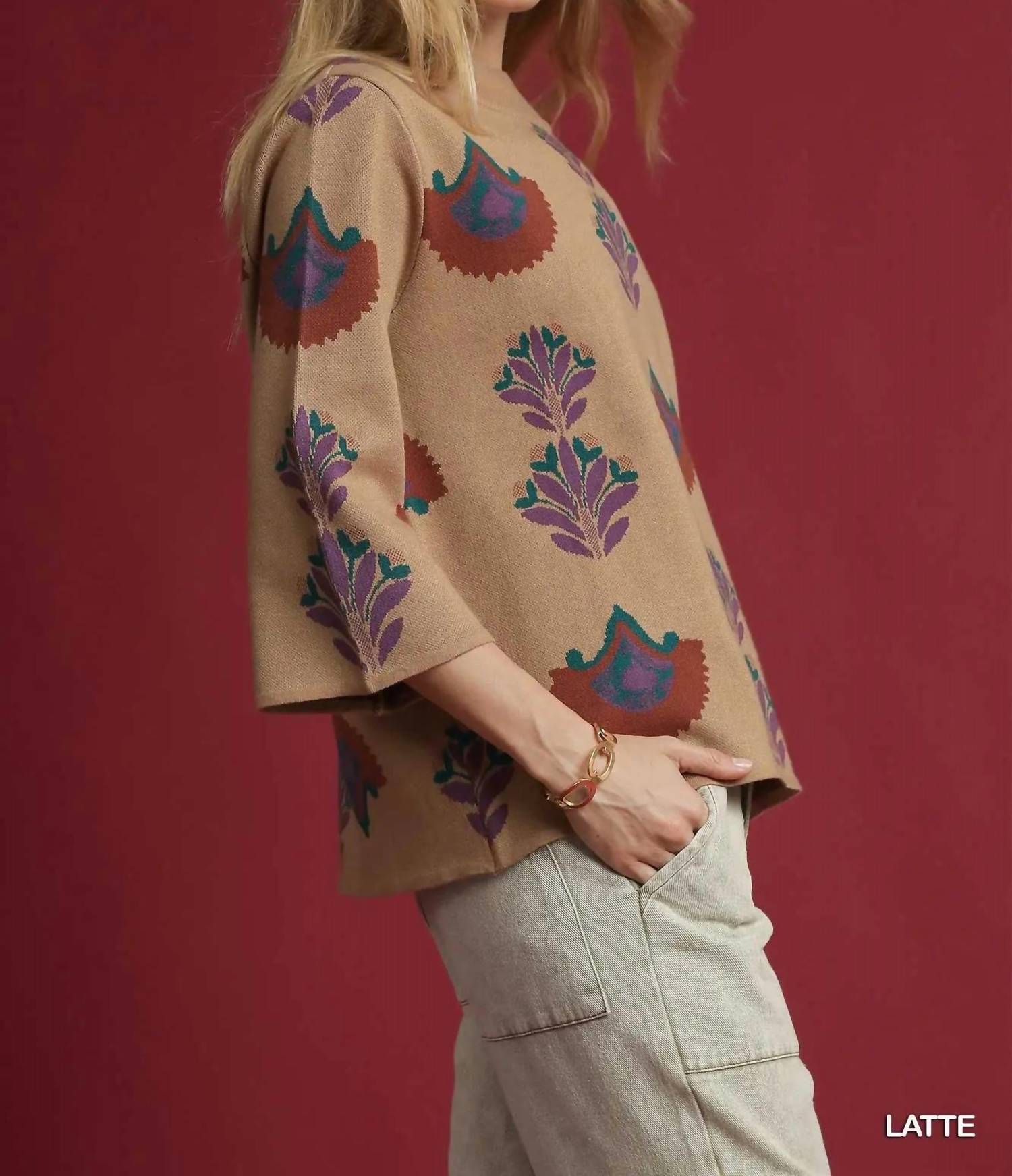 umgee Floral Knit Sweater Top in latte - women's sweater - detail view