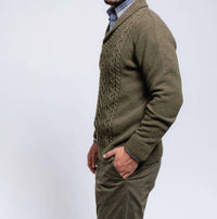 SMF Shawl Collar Pullover Cable Knit Sweater in green - men's sweater - detail view