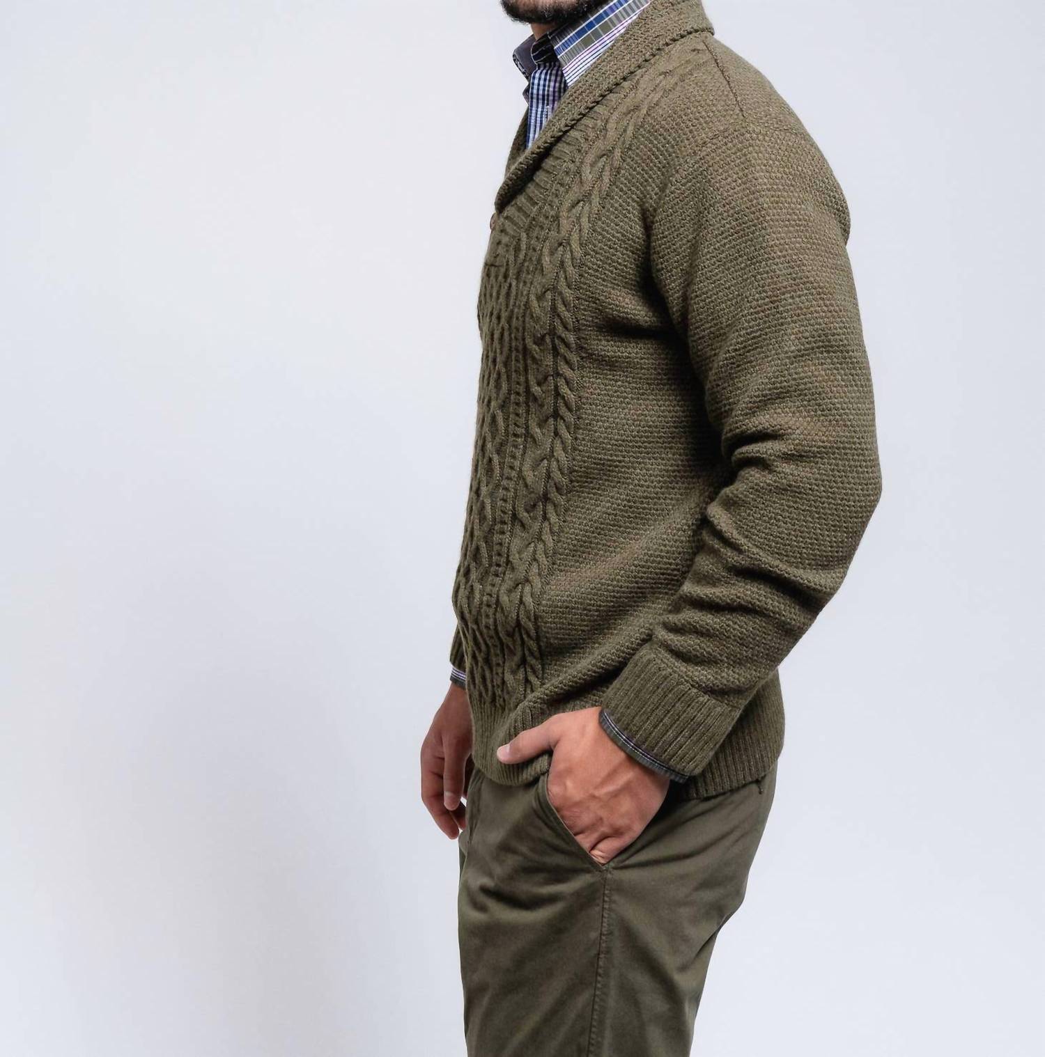 SMF Shawl Collar Pullover Cable Knit Sweater in green - men's sweater - detail view