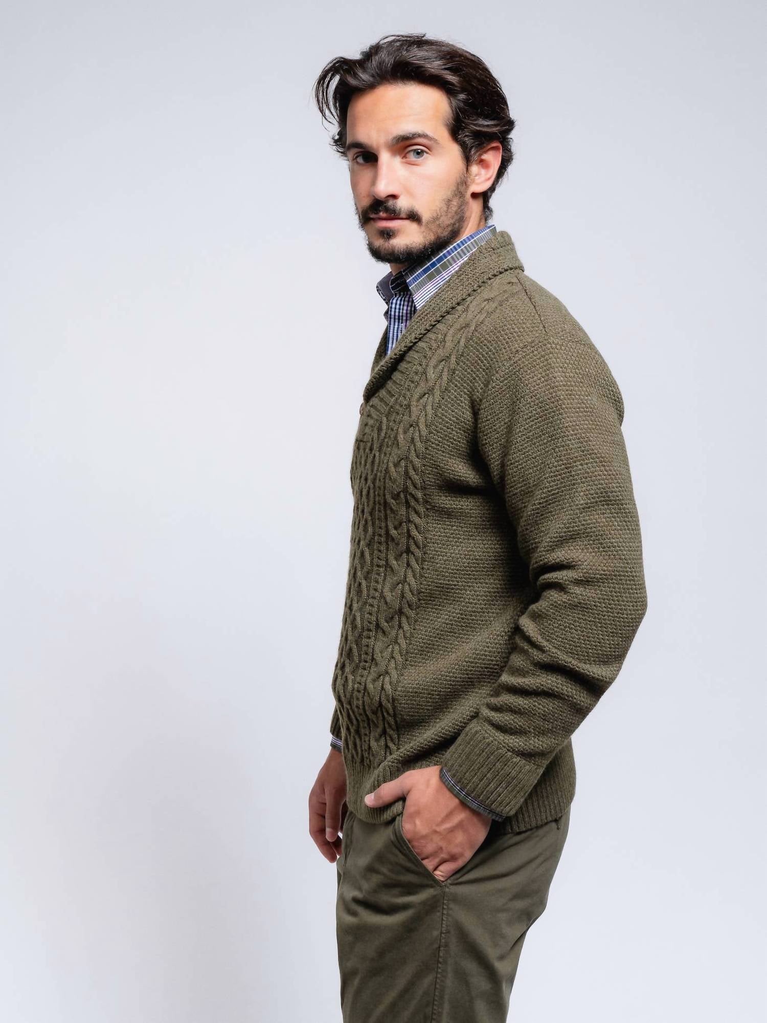 SMF Shawl Collar Pullover Cable Knit Sweater in green - men's sweater - alternate view