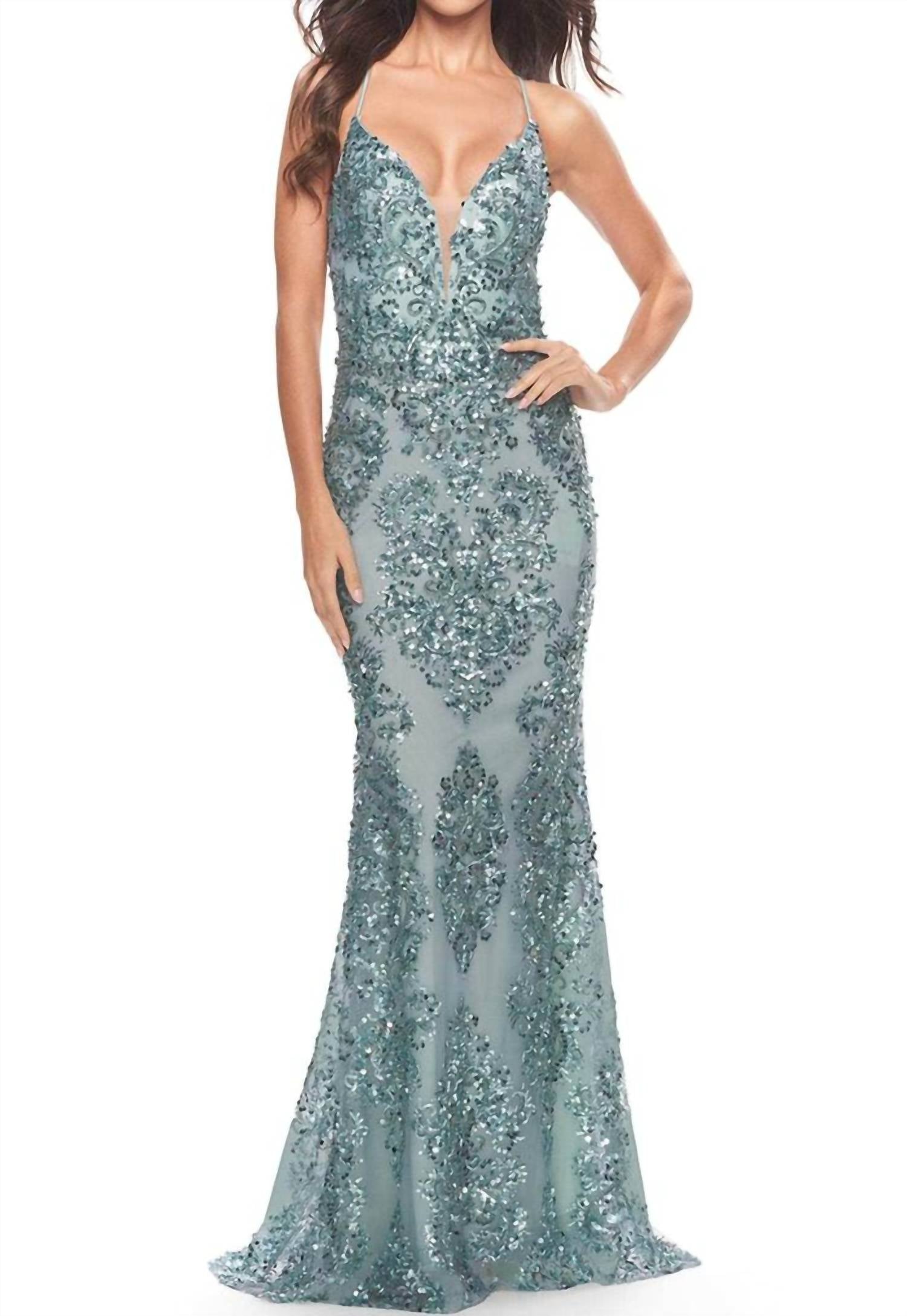 La Femme Patterned Sequin Plunging Prom Gown in sea mist - women's dress
