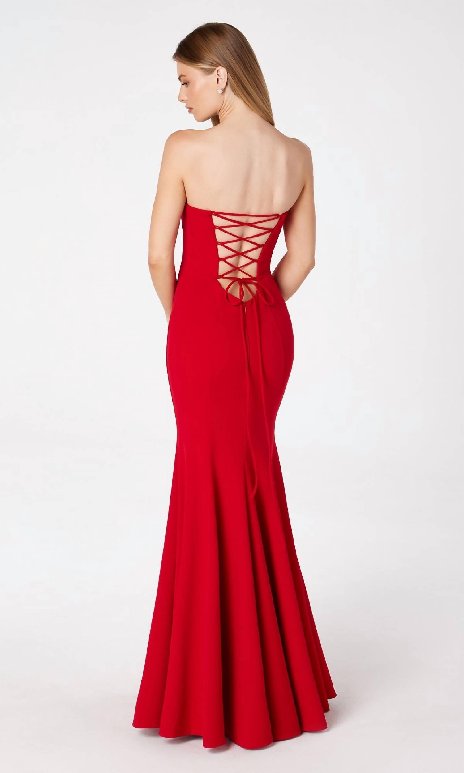 Ladivine Lace-up Strapless Long Prom Dress in red - women's dress - alternate view