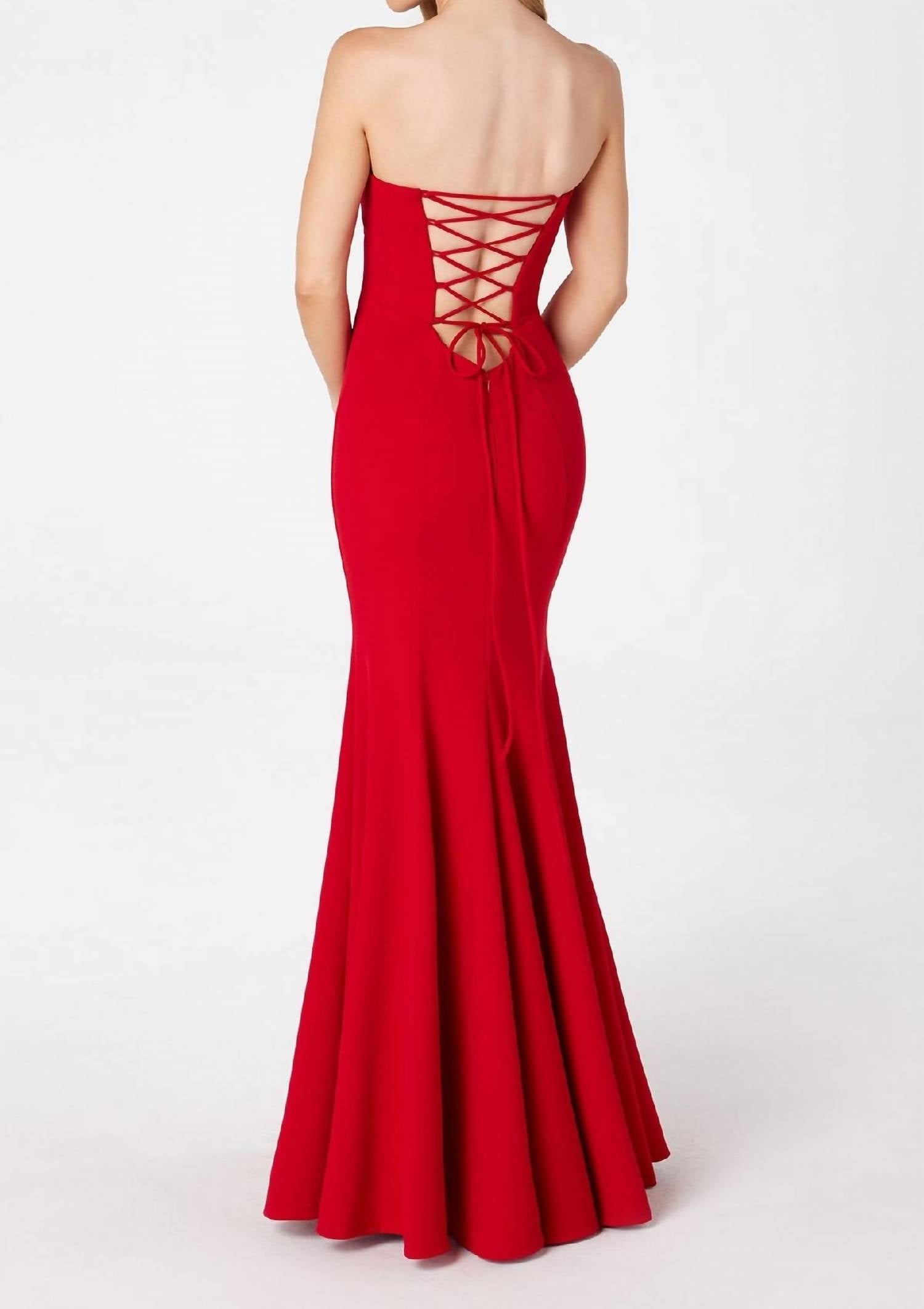Ladivine Lace-up Strapless Long Prom Dress in red - women's dress - detail view