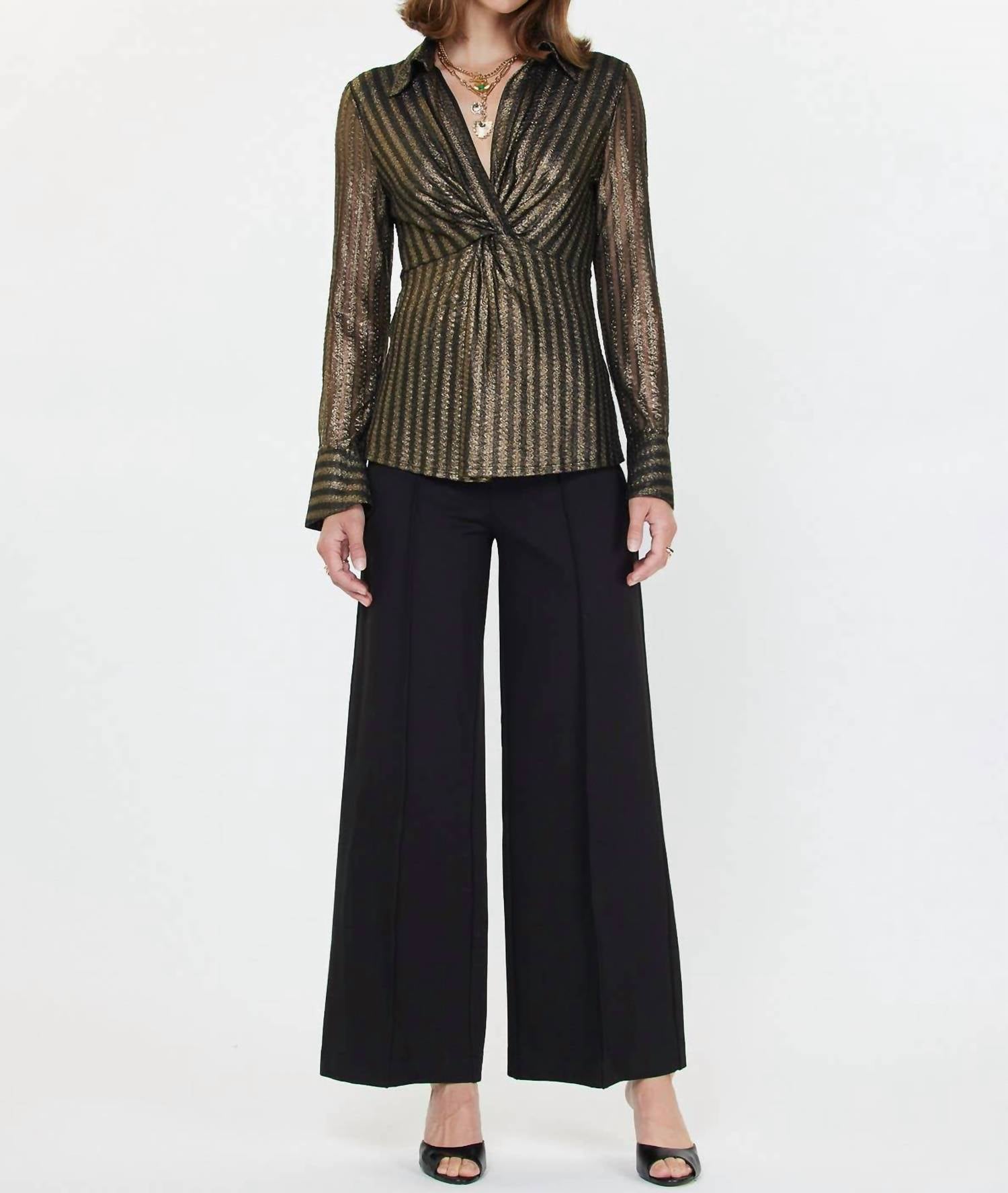 Current Air - Metallic Striped Twist-front Blouse