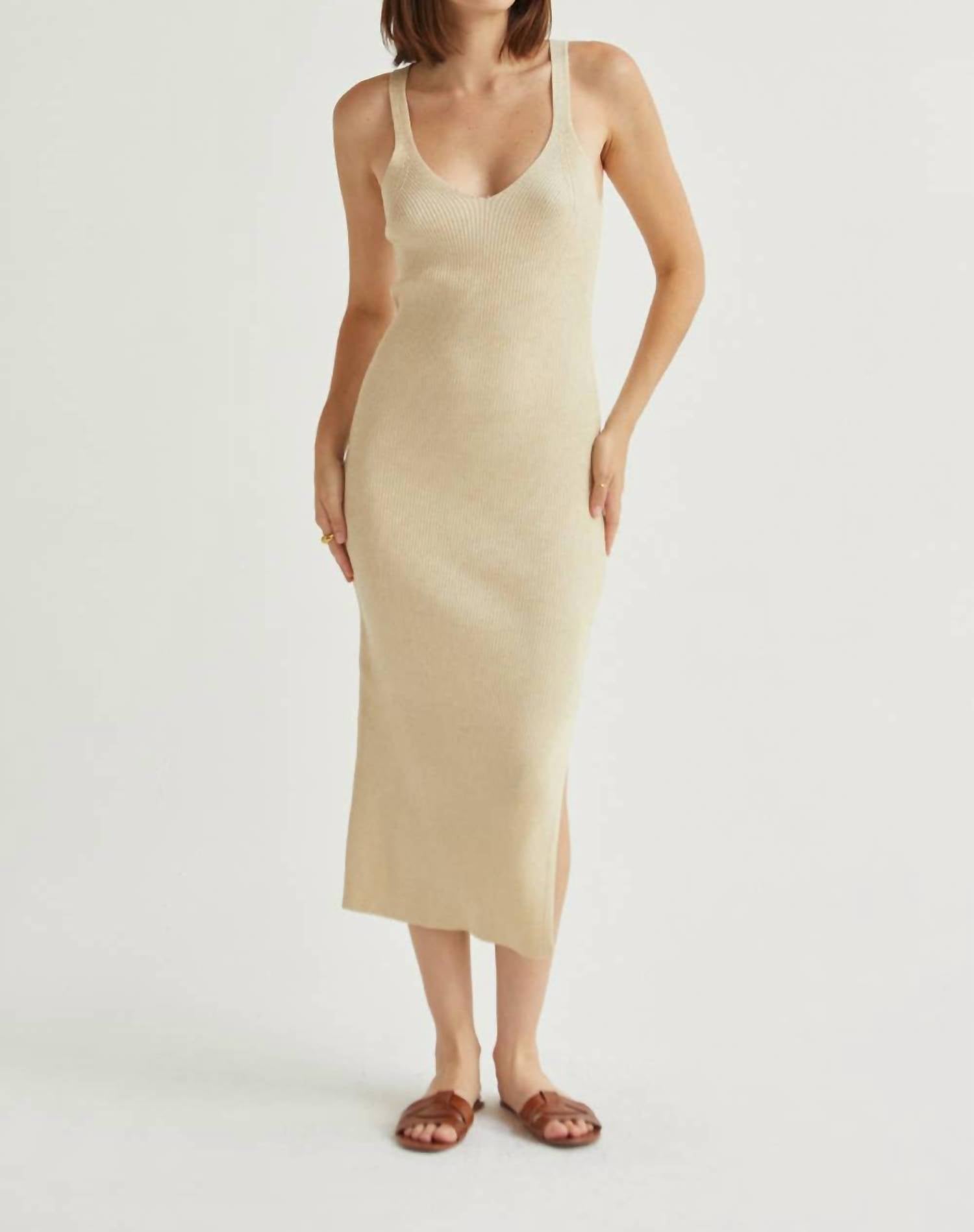 CRESCENT Monnie Ribbed Shimmer Sweater Knit Midi Dress in midsummer gold - women's dress