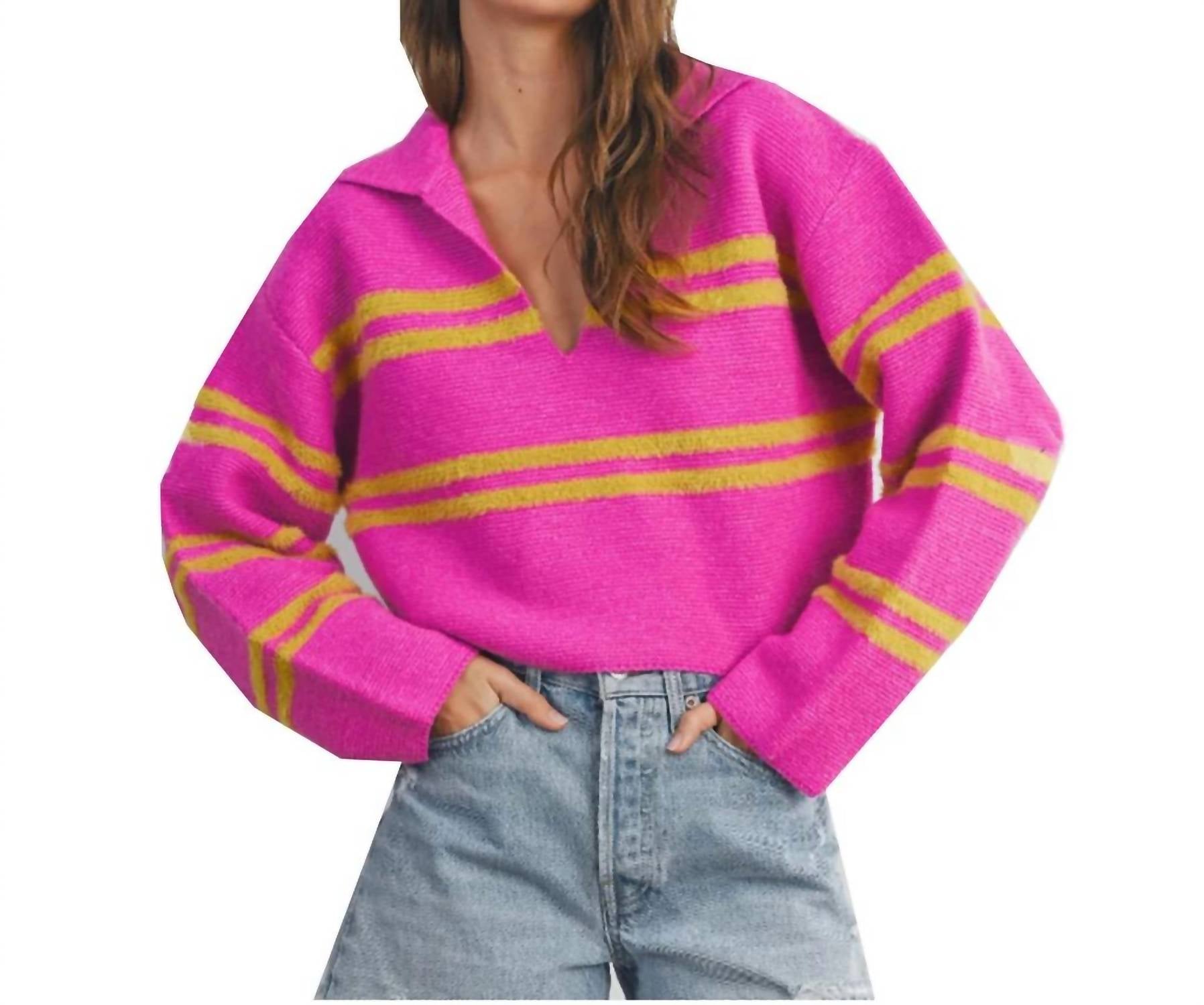 She + Sky - Stripe Crop Collar Sweater
