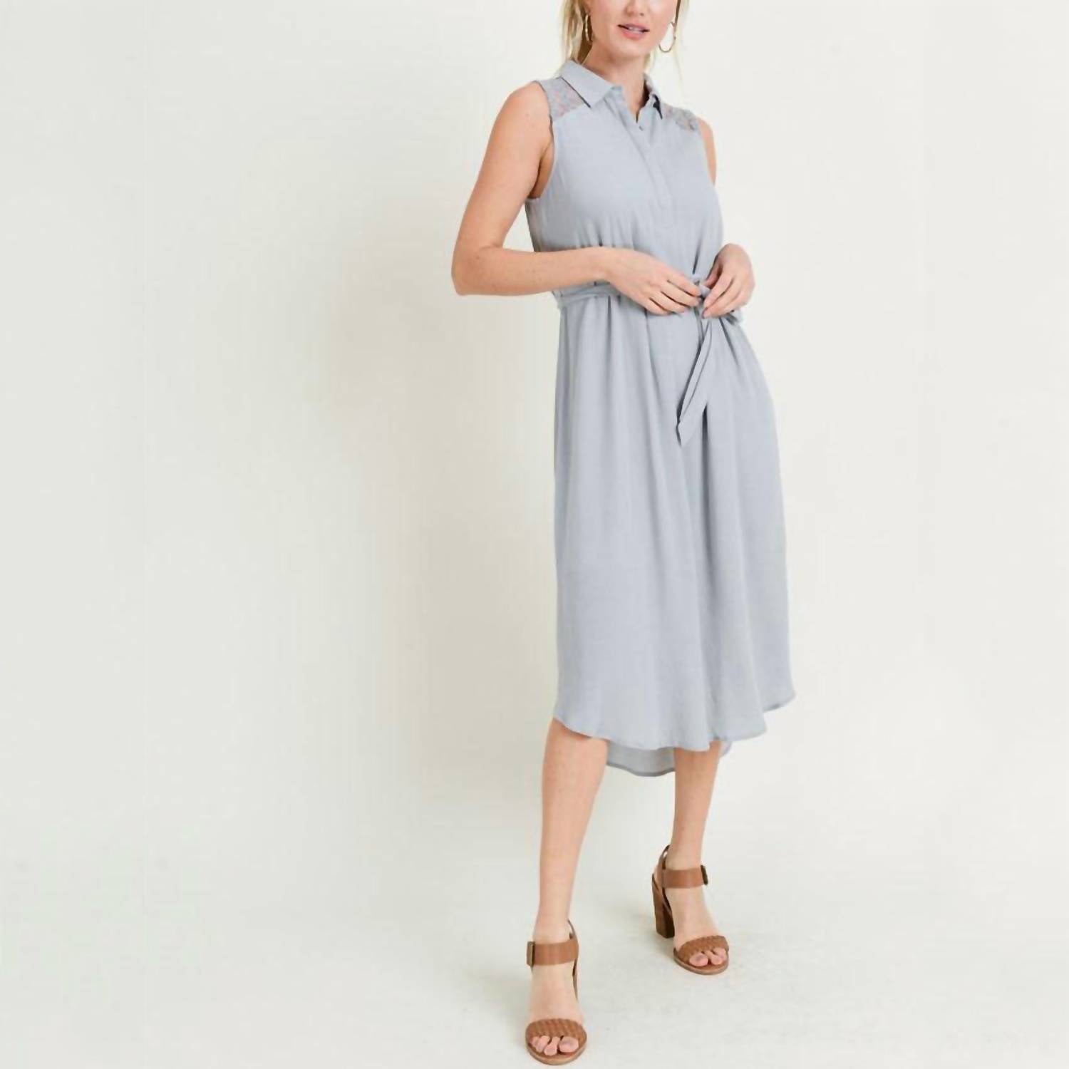 Doe and Rae Hailey Collared Belted Midi Dress in grey - women's dress - alternate view