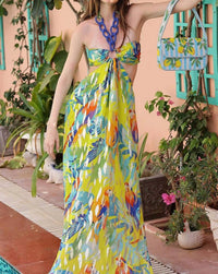 America & Beyond - Peru Tropic Lurex Printed Halter Dress