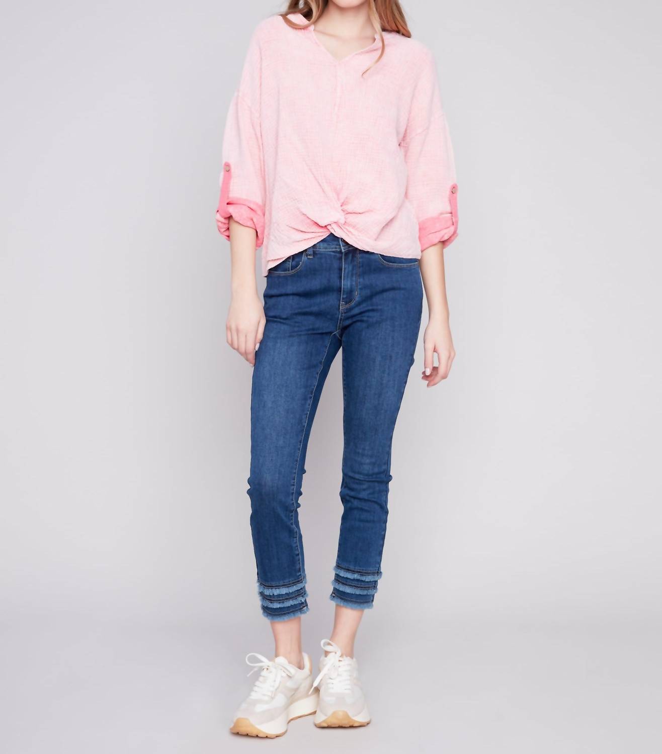 CHARLIE B Camden Bubble Cotton Top in flamingo - women's blouse - detail view