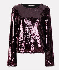 ESQUALO Diana Flared Sleeve Sequin Top in wine - women's blouse - detail view