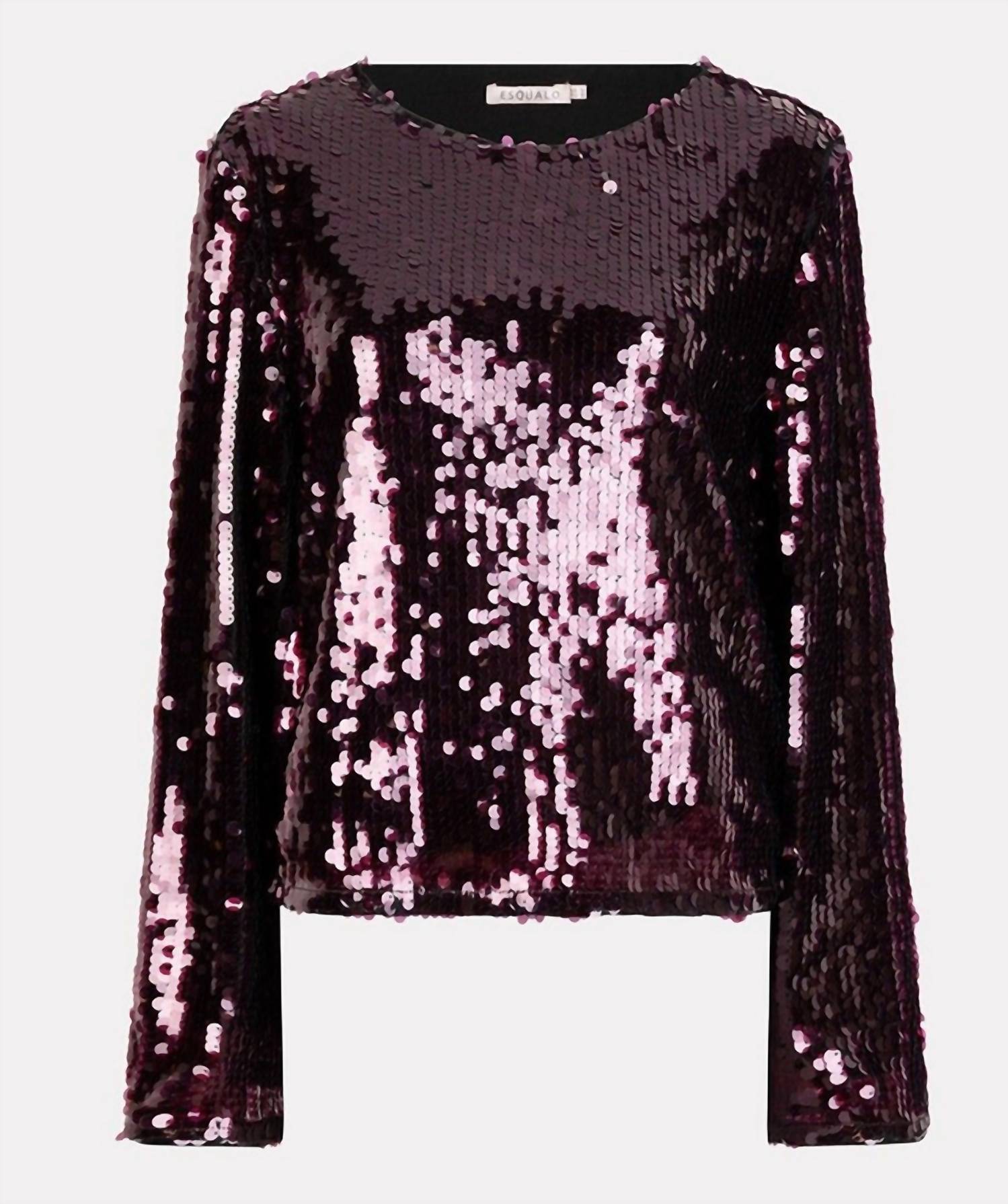 ESQUALO Diana Flared Sleeve Sequin Top in wine - women's blouse - detail view