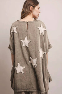 Blue Velvet - Star Patch Work Short Sleeve Top And Wide Leg Pant Set