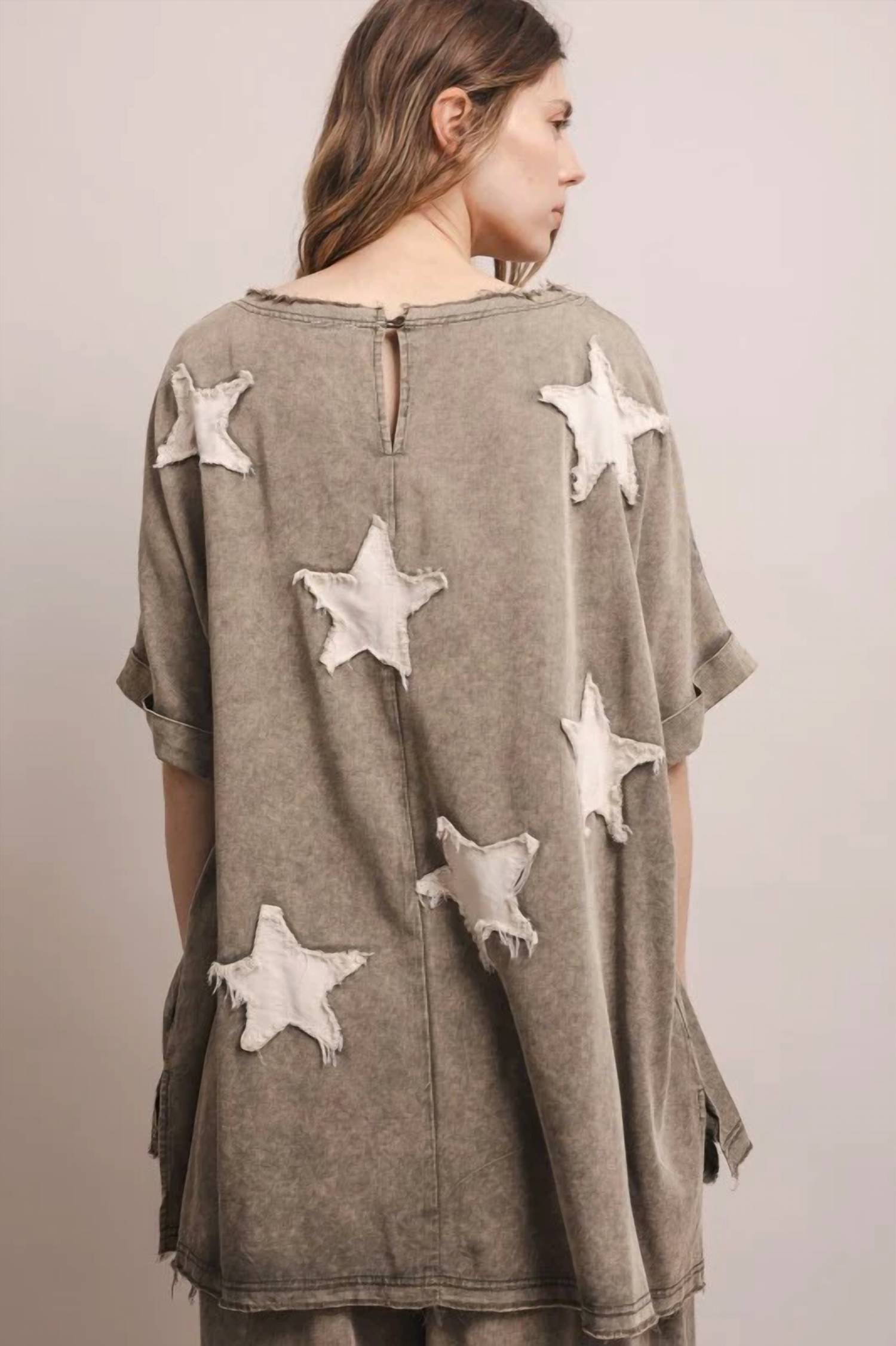 Blue Velvet - Star Patch Work Short Sleeve Top And Wide Leg Pant Set