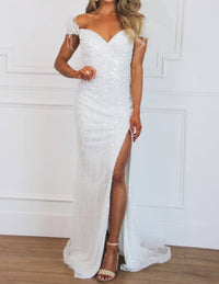 Cinderella Divine - Edith Beaded Off Shoulder Feather Formal Dress