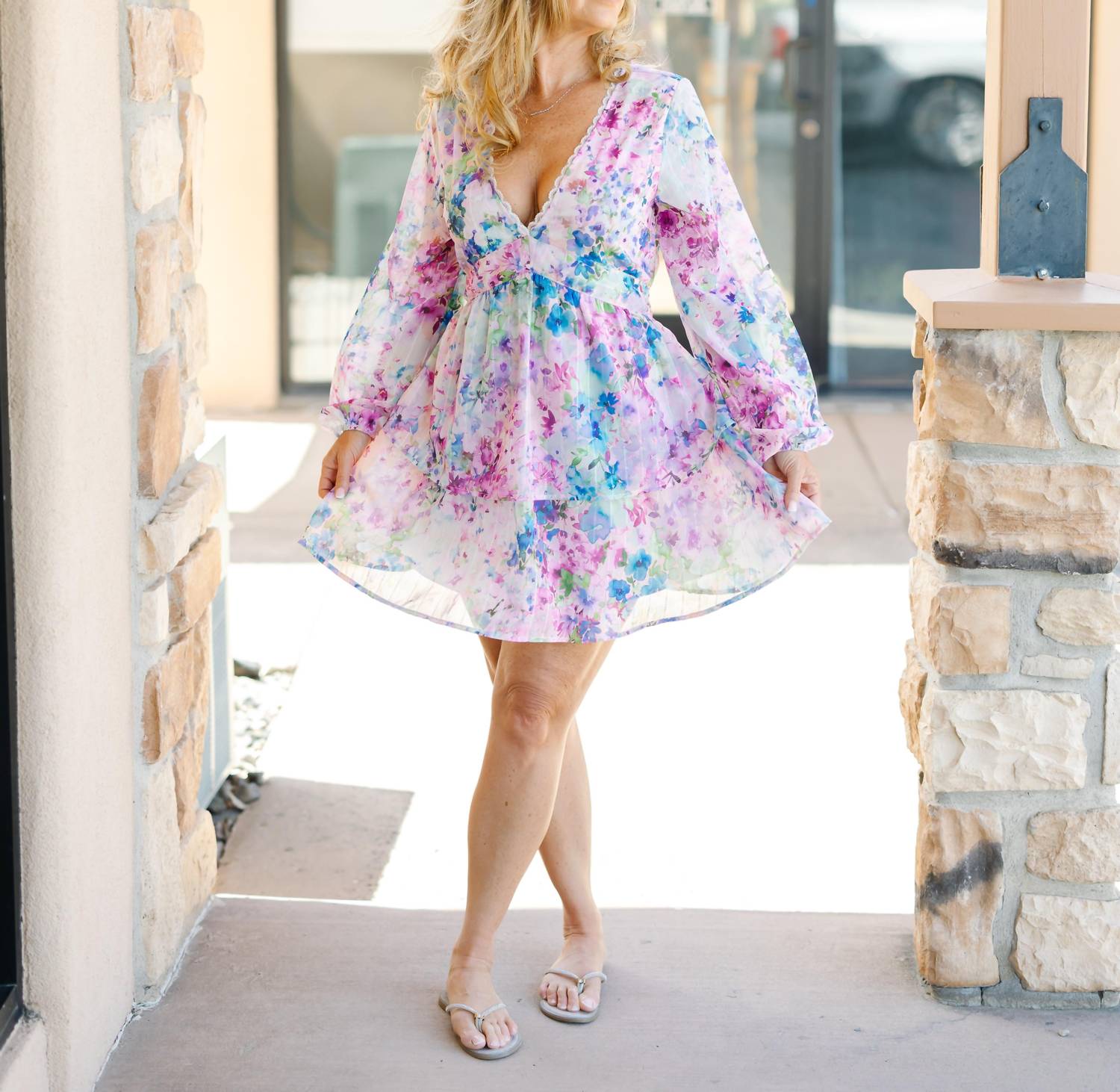 Lovestitch - Watercolor Flower V-neck Tiered Mini Dress