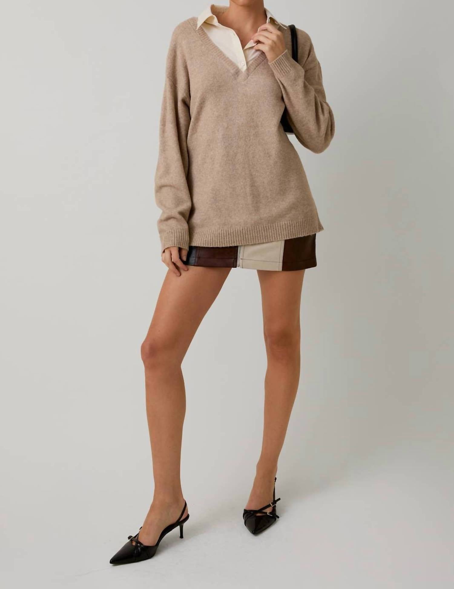 Sunday Edition Layered Pull Over Sweater Top in beige - women's sweater - view 7