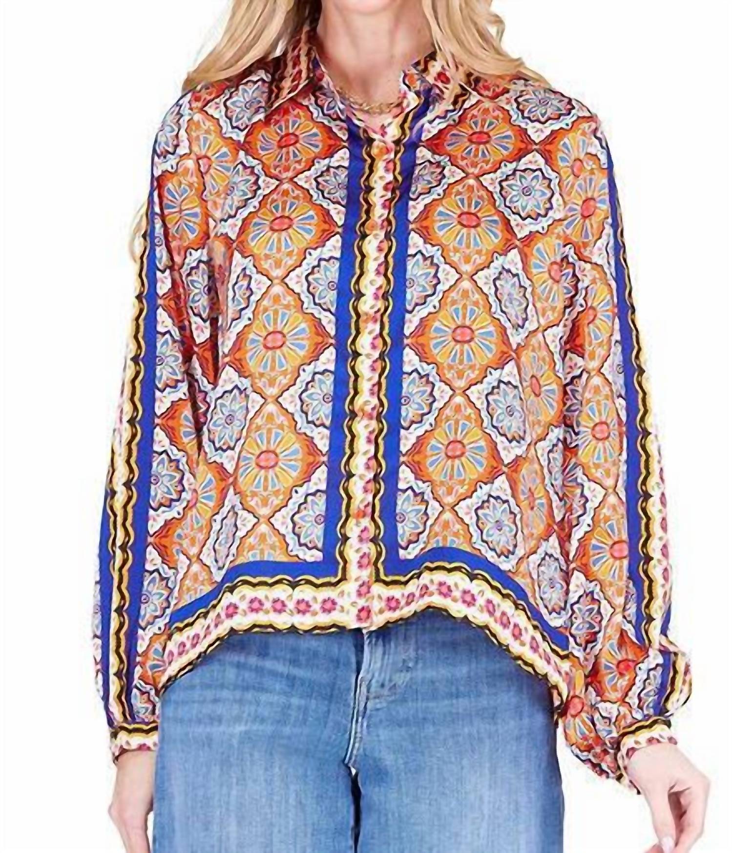 Joy Joy Spice Tiles Long Sleeve Blouse in blue - women's blouse